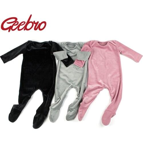 Geebro Newborn Boys Girls Long sleeves Jumpsuits Soft Warm Velvet Stretches Footies Beanie Baby Romper Bodysuits Outfits Clothes