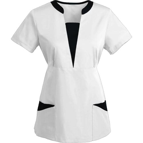 Korean version SPA Uniforms Women Beauty Salon Scrub Tops Slim Fit Healthcare Tunic Short Sleeve Solid Patchwork Blouse A50