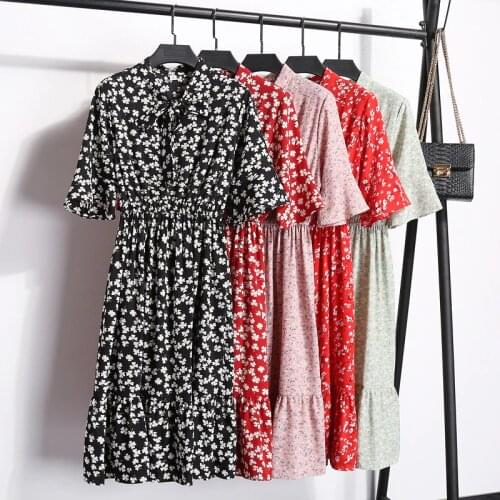 Summer Dress Women Short-Sleeved Floral Chiffon Dresses Womens Clothing 2021 Round Neck Ruffles MiDi Dress For Woman Robe Femme