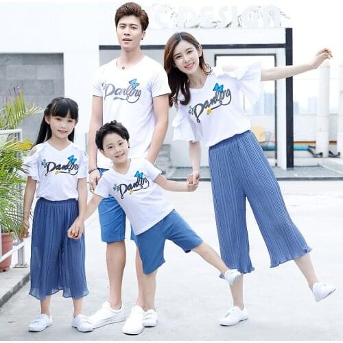 Summer Family Matching Outfits Dad Boy T-Shirt+Shorts Sets 2PCS Suits Mother Girls T-Shirt Speaker Pants Beach Vacation Cloth