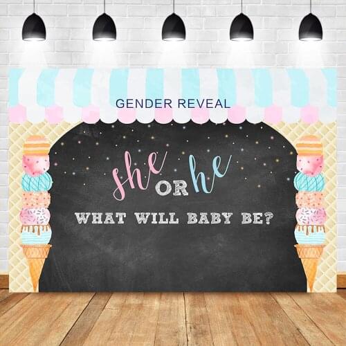 NeoBack Gender Reveal Backdrop Ice Cream Shop Baby Shower Photo Background Boy or Girl Gender Surprise Party Banner Backdrops