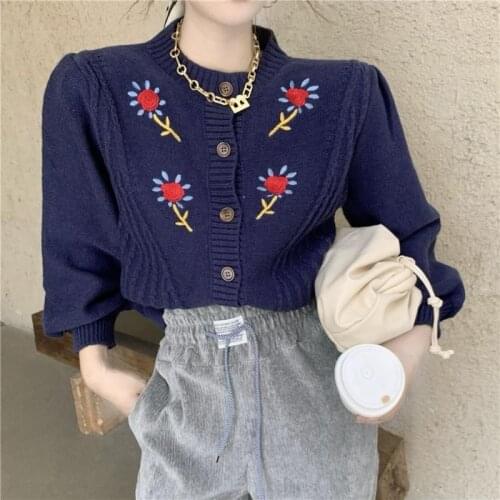 Korobov 2021 New O Neck Long Sleeve Sweaters Korean Flower Embroidery Cardigans Sweater Vintage Japanese Sweet Chic Cardigan