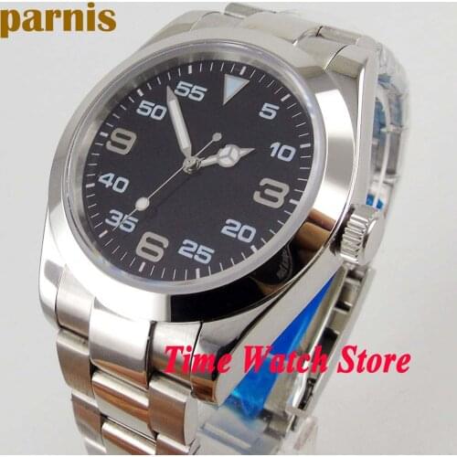 Parnis 40mm Miyota 8215 automatic mens watch sapphire glass black sterile dial luminous waterproof polished bezel SS bracelet