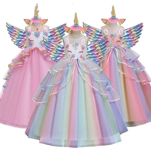 2021New Baby Girls Dress Christmas Rainbow Princess Dress Summer Birthday Party Dress Unicorn Cosplay Perform Costume 3 -14 Year
