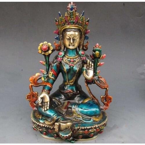 Decoration brass factory Pure Brass Antique 8.66 inch Exquisite Chinese hand-carved cloisonne buddhist Buddha green tara statue
