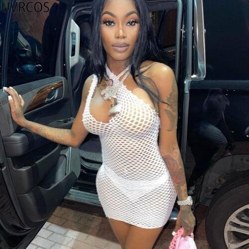UVRCOS Bodycon Dress 2021 Fashion Gothic Clothes Fishnet Mesh Hole One Shoulder See Through Sexy Cleavage Y2K Short Mini Dresses