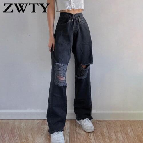 ZWTY Fashion Holes High Waist Womens Jeans 80s Vintage Streetwear Loose Korean Trousers Joggers Women Denim Pants