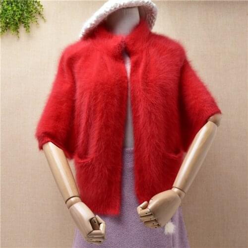 Ladies women fashion hairy fluffy mink cashmere short christmas red short sleeves cardigans mantle angora rabbit fur jacket coat