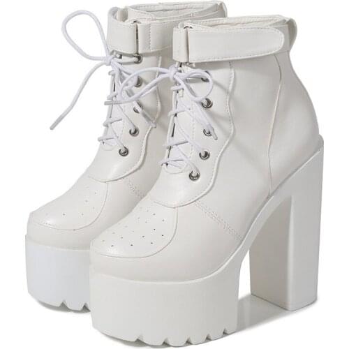 Waterproof womens shoes female 14.5CM Thick High Heels shoes PU Lace Up Round Toe waterproof Party Wedding shoes for women 2020