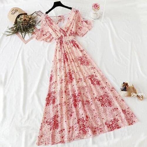 2021 New Women Summer Dress V-neck Floral Print Elegant Lotus sleeve Chiffon Long Dress Vintage Vestidos Women Clothing