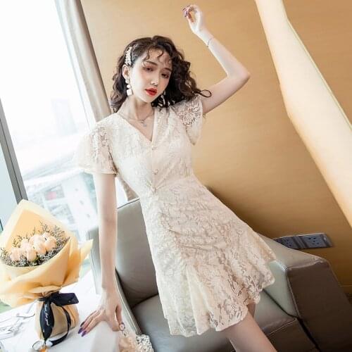 New arrival fashion party dress women elegant summer short sleeve lace pearl simple temperament fresh white mini mermaid dress