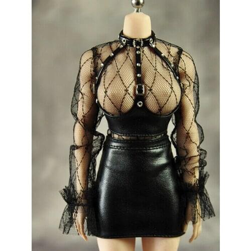 1/ 6 Scale Leather Short Rump Skirt See-through Mesh Shirt With Collar For 12 Inch Big Breasts Action Figure Dolls