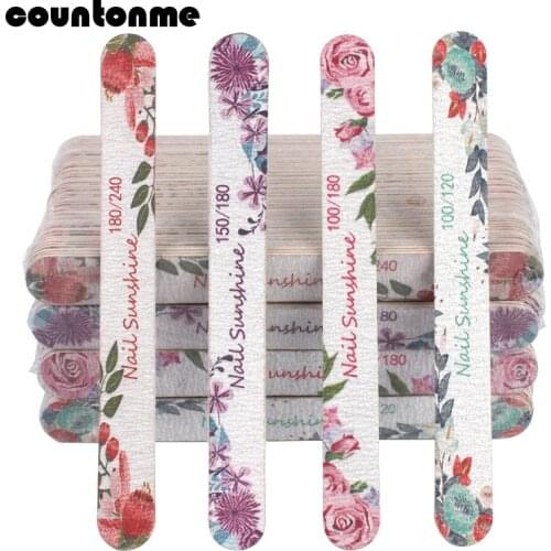 100pcs/Lot Straight Wooden Nail Files 100/180/240 Colorful Flower Printed Wood Stick Washable Sandpaper Buffer Emery Board Files