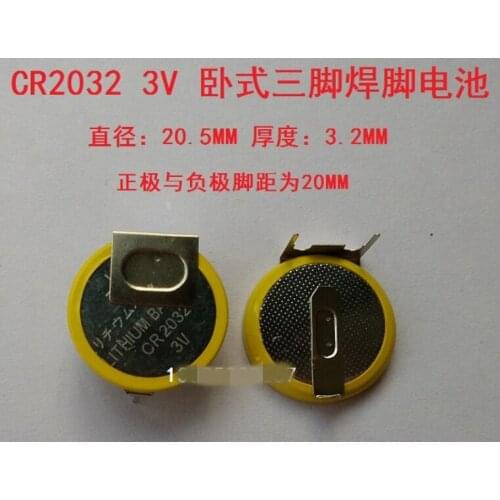 100PCS Soldering Pins 3V CR2032 Lithium Coin Cell Battery ,Through Hole Horizontal type 3Pins Button Cells