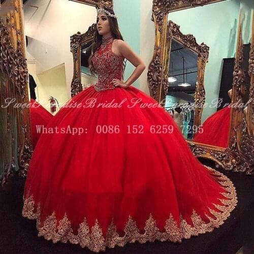 Red Quinceanera Dresses With Gold Appliques Beads 2020 Sheer High Neck Long Sweep Train Sweet 16 Dress Vestidos De 15 Anos