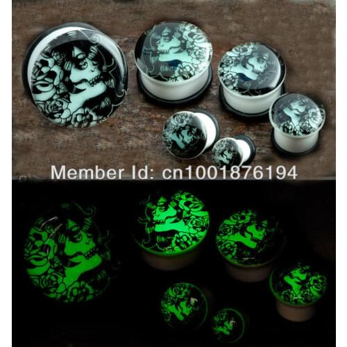Free Shipping Glowing In the dark skull logo ear piercing jewelry body expander ear plugs mix gauges