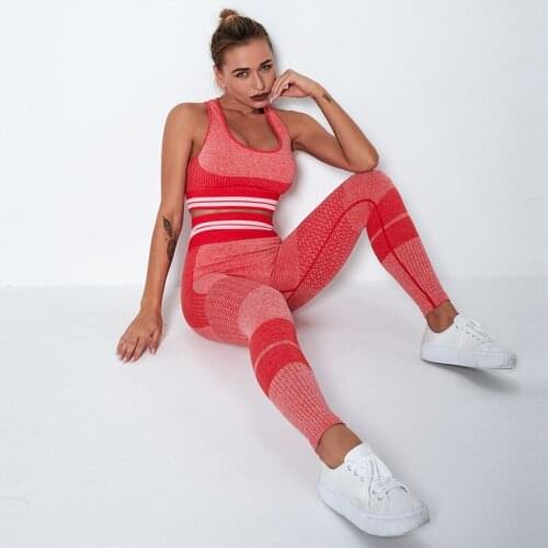 Two Piece Seamless Set Women Sexy Legging Striped Knitted Pants Gym Tracksuit Workout Outfit Set Sportswear Fitness Clothes