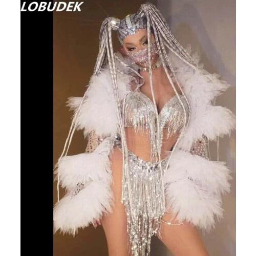 Silver Sequins Tassel Bikini Mesh Fringe Coat Three-piece Set Party Outfit Nightclub Sexy Dance Costume Singer Dancer Stage Wear