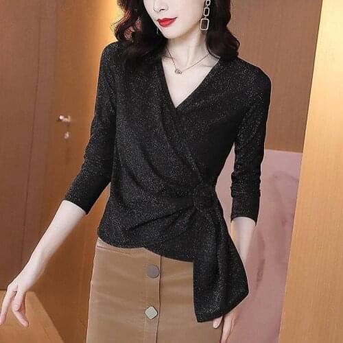 Blouse Women Shirt Mesh Womens 2021 Spring Black V-neck Long Sleeve T-shirt Womens Top Blusas Mujer De Moda