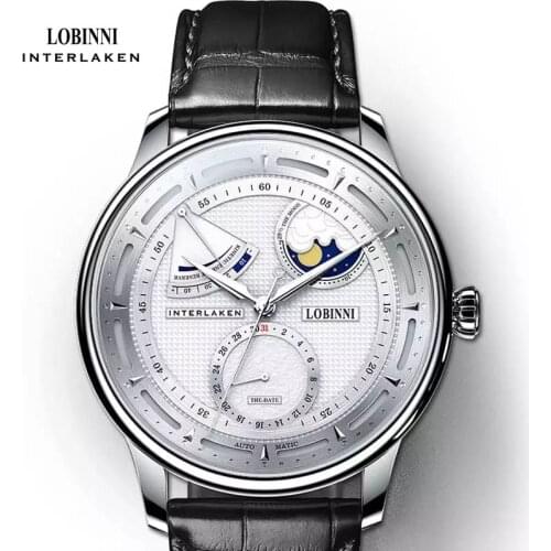 LOBINNI Luxury Men Business Casual Watch Mechanical Automatic Watches Calender Moon Phase Waterproof Male Wristwatch