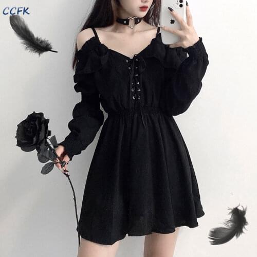 CCFK Oversized Black Dresses Women Lace Sexy High Waist Evening Party Dresses Long Sleeve Mini Dress Emo Egirl Gothic Clothes