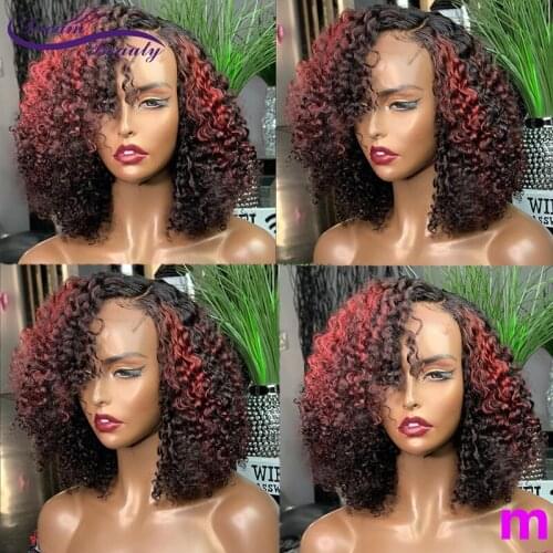 Colored Red Highlight Bob Curly Wigs 180% Brazilian Remy Lace Closure Wigs PrePlucked Short Bob Curly Human Hair Wigs For Women