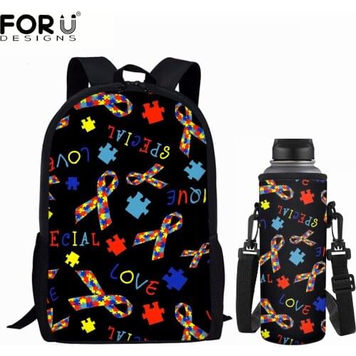 FORUDESIGNS Autism Awareness Patterns Stylish Teenages Casual Satchel Purse 2pcs Double Shoulder Bags for Boys Girls School Bags