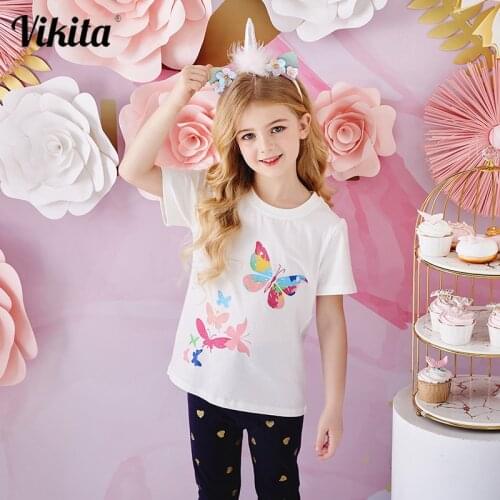 VIKITA Toddlers Girls Cotton Tops Kids Summer Short Sleeve T Shirt Butterfly Print Animal Cartoon T-Shirt Children Clothing