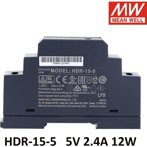 Original Mean Well HDR-15-5 85-264V AC TO DC 5V 2.4A 12W Meanwell Ultra Slim Step Shape DIN Rail Switching Power Supply