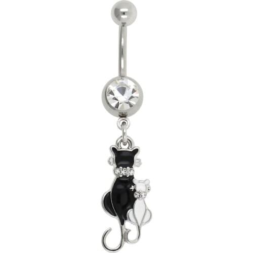 JHJT Dangle Double Love Cat Belly Button Ring Body Piercing Sexy Women Navel Ring Jewelry 14G 316L Surgical Steel Bar