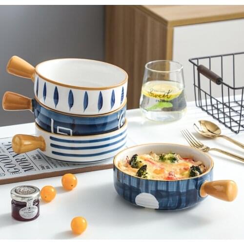 Japanese Style Ceramic Instant Noodle Bowl With Handle Bake Rice Bowl Dessert Soup Fruit Salad Bowl Porcelain For Microwave Oven
