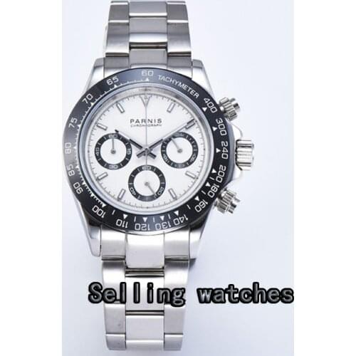 39mm PARNIS white dial sapphire crystal solid full Chronograph quartz mens watch