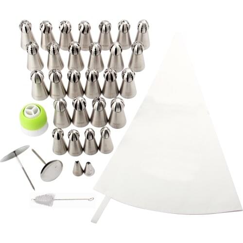 Free Shipping MRF 34PCS Cake Decorations Kit-S/S Icing Tips,Plastic Couplers,Piping Bags,Clean Brush