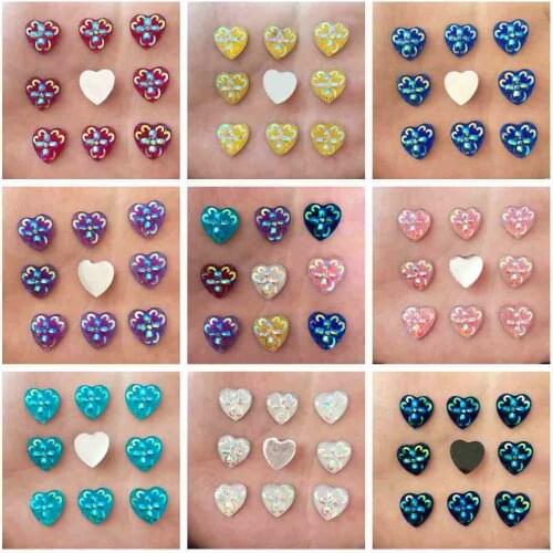 NEW 240PCS mix AB Resin Heart FlatBack flower Rhinestone Appliques wedding Buttons D72*8