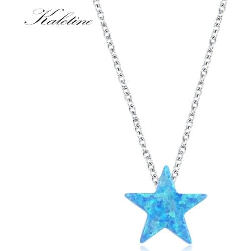 KALETINE Synthetic Opal Star Pendant Necklace Women Charm Pink Blue Stone 925 Sterling Silver Jewelry Long Link Chain Collar