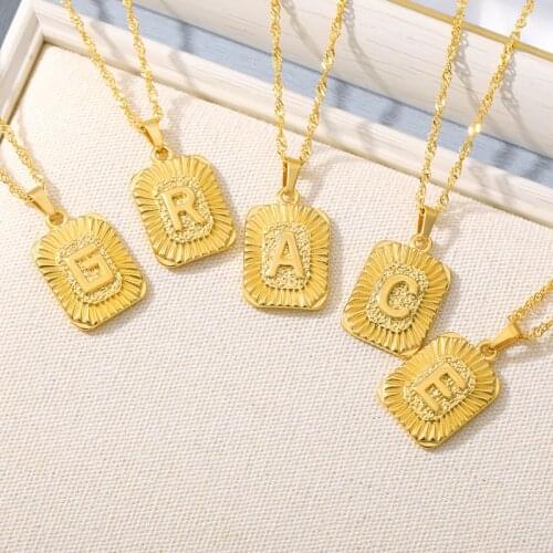 Initial Pendant Letter Necklace For Women Gold Color Stainless Steel Square A-Z 26 Alphabet Charm Water-Wave Chain Christmas gif