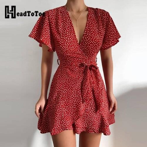 Ditsy Floral Print Ruffles Belt Wrap Dress