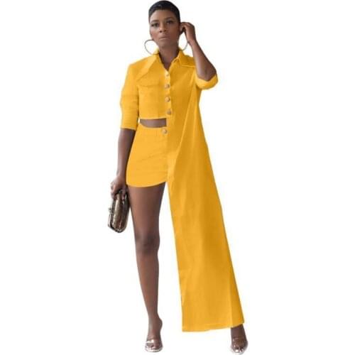 Shirt Shorts Two Piece Sets Women Irregular Long Blouse Tops And Short Suits Autumn New Solid Fashion Streetwear 2 Piece Outfits