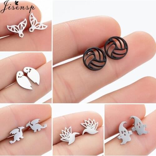 Jisensp Punk Black Volleyball Stud Earrings for Women 2021 Cute Stainless Steel Dinosaur Parrot Ghost Earring Jewelry Accessory