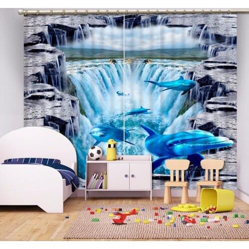 Custom High quality Sheer Curtains Printed Bedroom Curtains waterfall dolphin 3D Children Room Curtains crack Drapes
