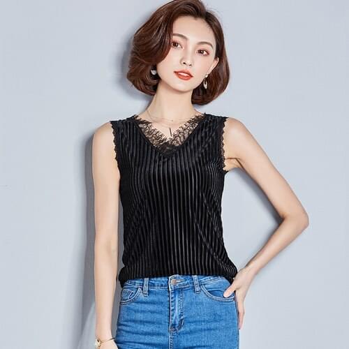 High Qualit Shirt Women Summer V-neck Slim Tops Velour Sleeveless Blouses For Women Clothes Lace Elegant Vintage Feminine Shirts