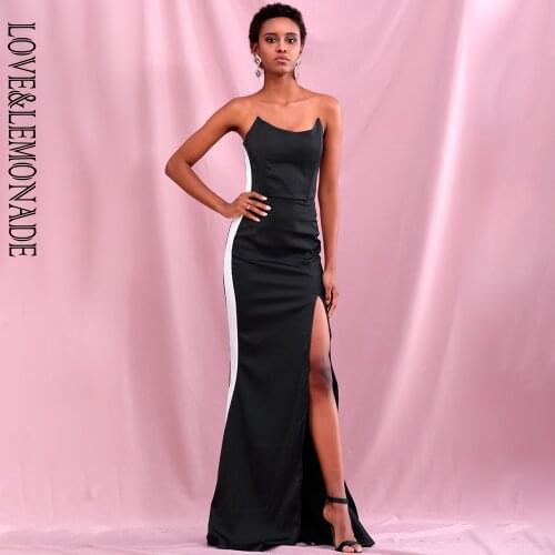 LOVE & LEMONADE Sexy Black Tube Top Bodycon Whit Split Party Maxi Dress LM82277