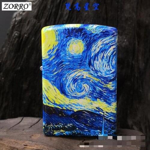 Zorro Pure Copper Clamshell Windproof Grinding Wheel Retro Personality Creative "Van Gogh Starry Night" Kerosene Lighter