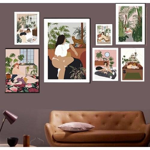 Abstract Girl Plant Dog Vintage Wall Art Canvas Painting Nordic Posters And Prints Wall Pictures For Living Room Bohemian Decor