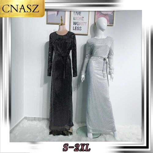 2019 Amazon Muslim Abaya Evening Dress Elegant Long Skirt Middle Eastern Caftan Marocain Fashion Sequined Striped Dress