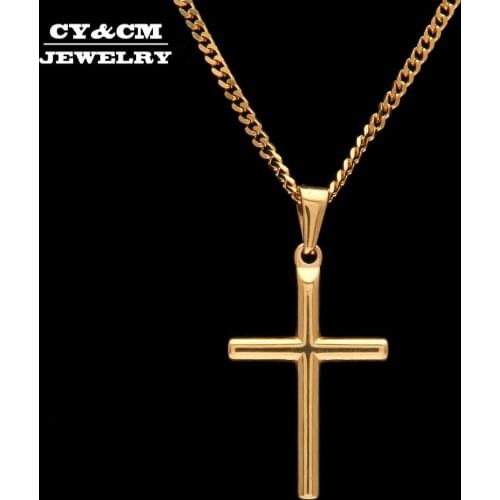 CY&CM Mini Smooth Cross Pendant Necklace Gold Color Hiphop 316L Stainless Steel Golden Jesus Charm Jewelry Men Women Cuban Chain