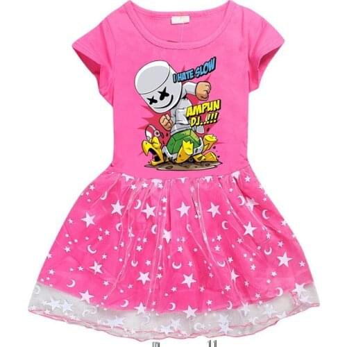 DJ Marshmello Girls' Fashion Dresses Big Kids Korean Version of Star Mesh Skirt Western-style Print Princess Dress