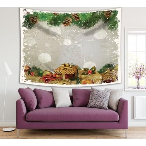 Tapestry Fir Tree Branches and Gifts on Gray Vintage Christmas Greeting Card Style Artwork Green Gold Grey Colors Printed