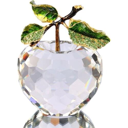 Faceted Crystal Apple Figurine Enameled Rhinestone Leaves Paperweight Christmas Gift Keepsake Home Office Ornament Collectible