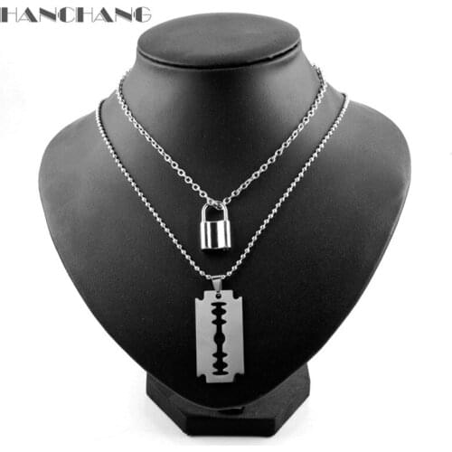 Barber Shop Hairdresser Tools Razor Necklace Double Layer Clavicle Chains Blade PadLock Pendant Necklaces for Women Men